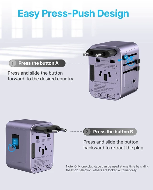 Alt view image 3 of 7 - Universal Travel Adapter 30W, 6-in-1 with 3 USB-C & 2 USB-A, Purple International Power Adapter with Compact Design, All-in-One Travel Essentials Plug Adapter for EU/UK/US/AU, Type C/G/A/I
