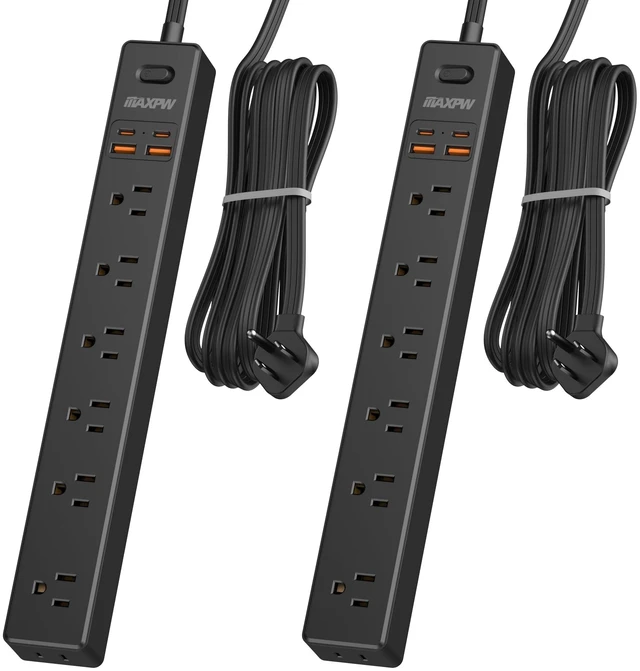 Main image of 2 Pack 10Ft Surge Protector Power Strip,7 Outlets 4 USB Ports(2 USBC),1875W Ultra Thin Flat Extension Cord & Flat Plug, 1700 Joules, Wall Mount, Desk Charging Station for Home Office Dorm, White