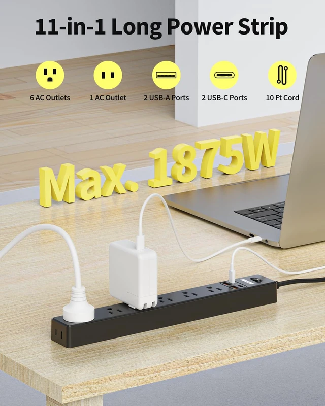 Alt view image 2 of 7 - 2 Pack 10Ft Surge Protector Power Strip,7 Outlets 4 USB Ports(2 USBC),1875W Ultra Thin Flat Extension Cord & Flat Plug, 1700 Joules, Wall Mount, Desk Charging Station for Home Office Dorm, White