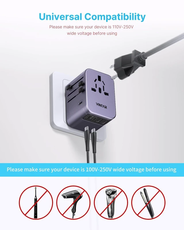 Alt view image 7 of 7 - Universal Travel Adapter 30W, 6-in-1 with 3 USB-C & 2 USB-A, Purple International Power Adapter with Compact Design, All-in-One Travel Essentials Plug Adapter for EU/UK/US/AU, Type C/G/A/I