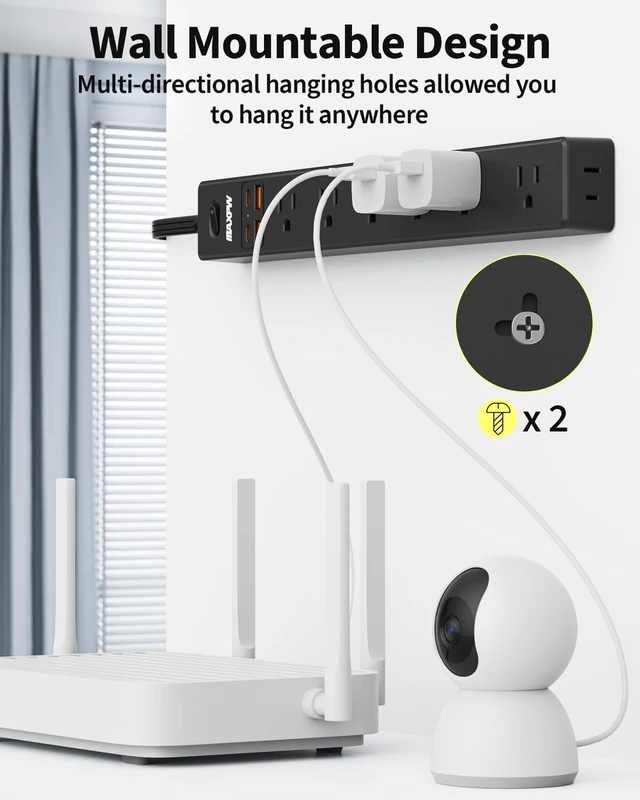 Alt view image 4 of 7 - 2 Pack 10Ft Surge Protector Power Strip,7 Outlets 4 USB Ports(2 USBC),1875W Ultra Thin Flat Extension Cord & Flat Plug, 1700 Joules, Wall Mount, Desk Charging Station for Home Office Dorm, White