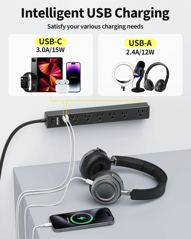 Alt view image 7 of 7 - 2 Pack 10Ft Surge Protector Power Strip,7 Outlets 4 USB Ports(2 USBC),1875W Ultra Thin Flat Extension Cord & Flat Plug, 1700 Joules, Wall Mount, Desk Charging Station for Home Office Dorm, White