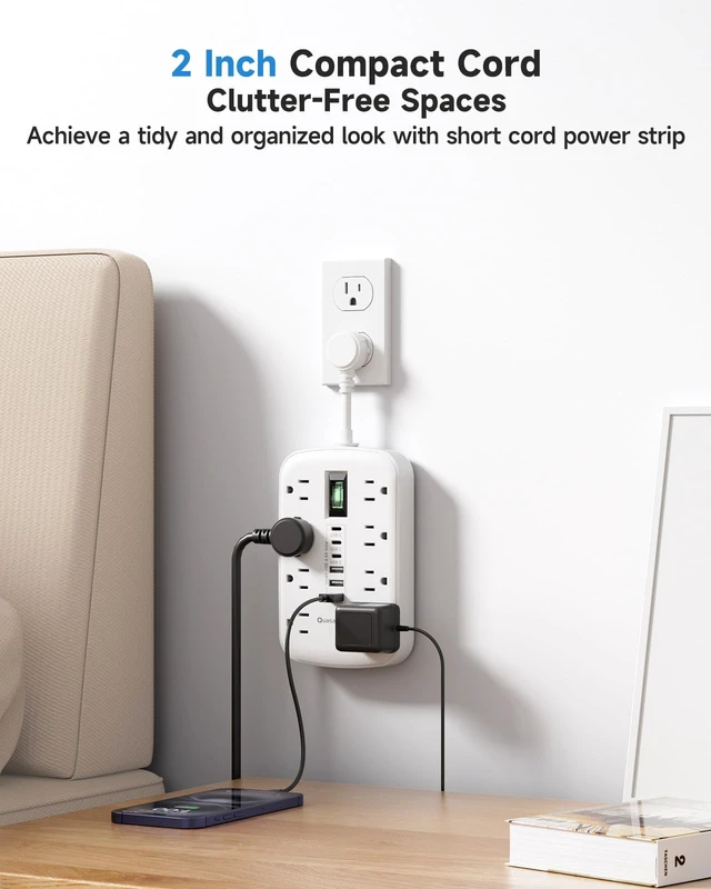 Alt view image 2 of 7 - Short Extension Cord 2 Inch with 6 USB(3 USB C) 8 Outlets, Flat Power Strip 1875W, USB-C(15W), Surge Protector, Charging Station for Multiple Devices, For Home Office Dorm Kitchen Bathroom