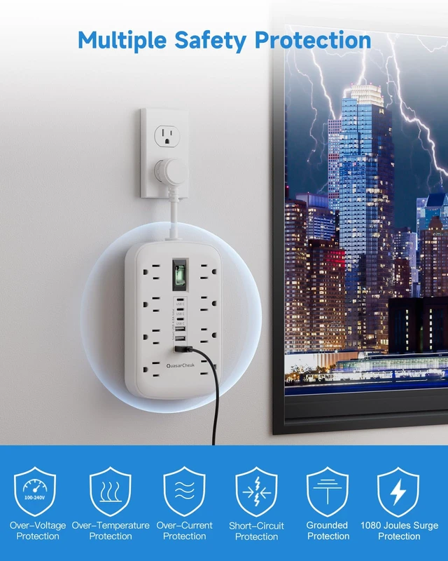 Alt view image 4 of 7 - Short Extension Cord 2 Inch with 6 USB(3 USB C) 8 Outlets, Flat Power Strip 1875W, USB-C(15W), Surge Protector, Charging Station for Multiple Devices, For Home Office Dorm Kitchen Bathroom
