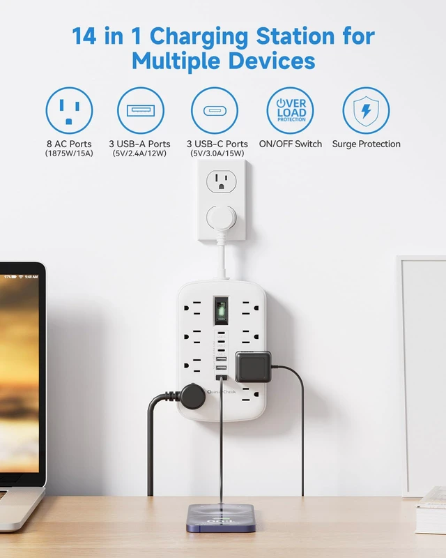 Alt view image 3 of 7 - Short Extension Cord 2 Inch with 6 USB(3 USB C) 8 Outlets, Flat Power Strip 1875W, USB-C(15W), Surge Protector, Charging Station for Multiple Devices, For Home Office Dorm Kitchen Bathroom