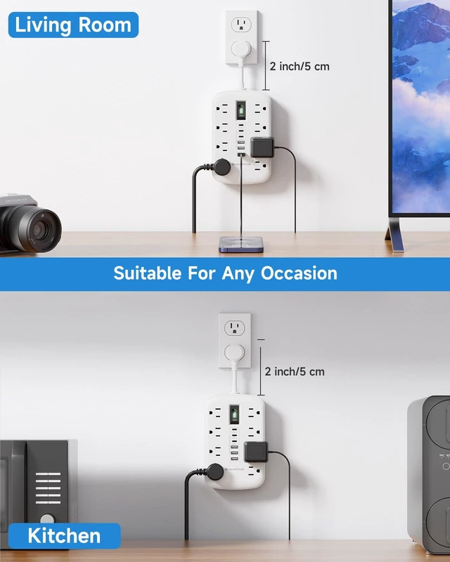 Alt view image 7 of 7 - Short Extension Cord 2 Inch with 6 USB(3 USB C) 8 Outlets, Flat Power Strip 1875W, USB-C(15W), Surge Protector, Charging Station for Multiple Devices, For Home Office Dorm Kitchen Bathroom