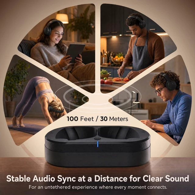 Alt view image 6 of 7 - Wireless Headphones for TV Watching, TV Headphones Wireless for Seniors, Bluetooth 5.4 Headphones for TV with Versatile Transmitter Charging Dock, Instant Audio Sync for Parents & Elderly, Black