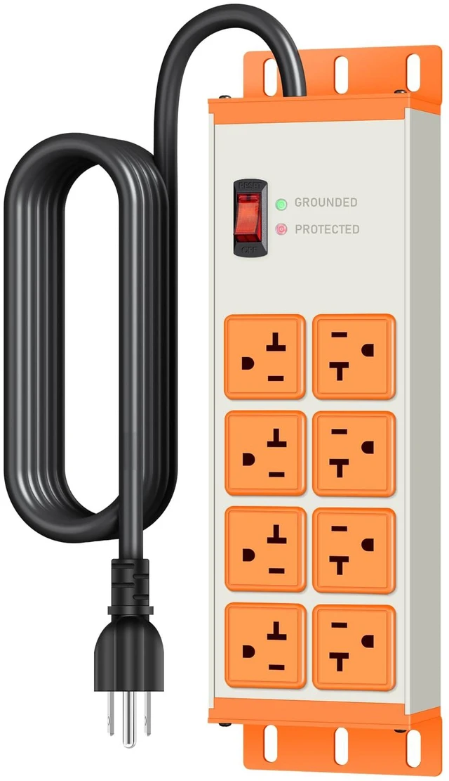 Main image of Heavy Duty Surge Protector, 12 Gauge Extension Cord, Grey, 10 FT Metal Wall Mount 8 Outlets Power Strip, High Amp Outlet Extender for Garage Industrial Shop, 4800J