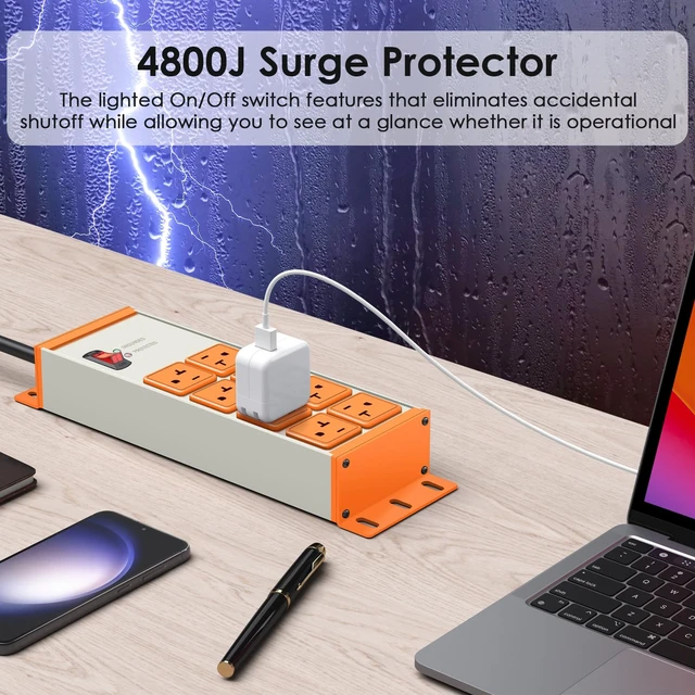 Alt view image 4 of 7 - Heavy Duty Surge Protector, 12 Gauge Extension Cord, Grey, 10 FT Metal Wall Mount 8 Outlets Power Strip, High Amp Outlet Extender for Garage Industrial Shop, 4800J