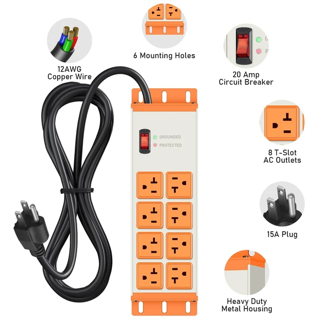 Alt view image 2 of 7 - Heavy Duty Surge Protector, 12 Gauge Extension Cord, Grey, 10 FT Metal Wall Mount 8 Outlets Power Strip, High Amp Outlet Extender for Garage Industrial Shop, 4800J