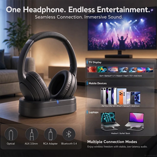 Alt view image 7 of 7 - Wireless Headphones for TV Watching, TV Headphones Wireless for Seniors, Bluetooth 5.4 Headphones for TV with Versatile Transmitter Charging Dock, Instant Audio Sync for Parents & Elderly, Black