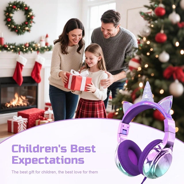 Alt view image 2 of 7 - Kids Unicorn Headphones with Cord with Mic, 85/94dB Volume Limit sparkly foldable headset, sharing port, tangle-free cord, Kids Wired Headphones for school, tablet, travel, boys and girls