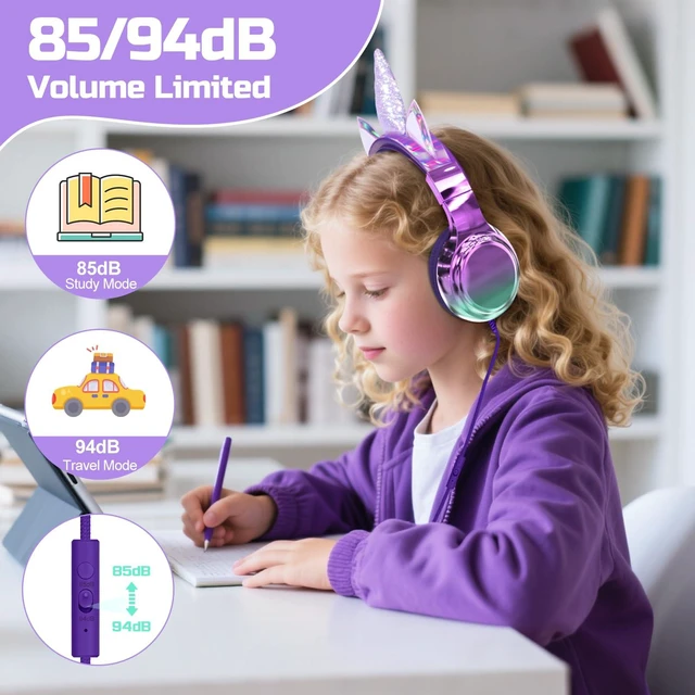 Alt view image 3 of 7 - Kids Unicorn Headphones with Cord with Mic, 85/94dB Volume Limit sparkly foldable headset, sharing port, tangle-free cord, Kids Wired Headphones for school, tablet, travel, boys and girls