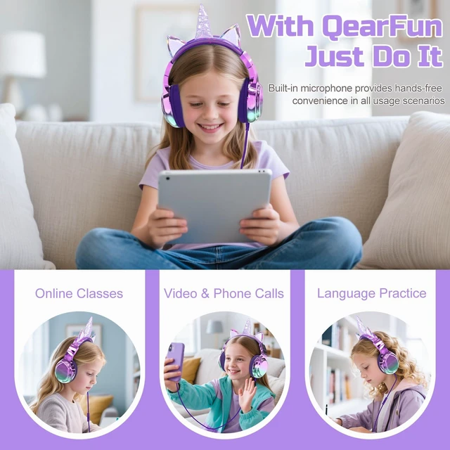 Alt view image 4 of 7 - Kids Unicorn Headphones with Cord with Mic, 85/94dB Volume Limit sparkly foldable headset, sharing port, tangle-free cord, Kids Wired Headphones for school, tablet, travel, boys and girls