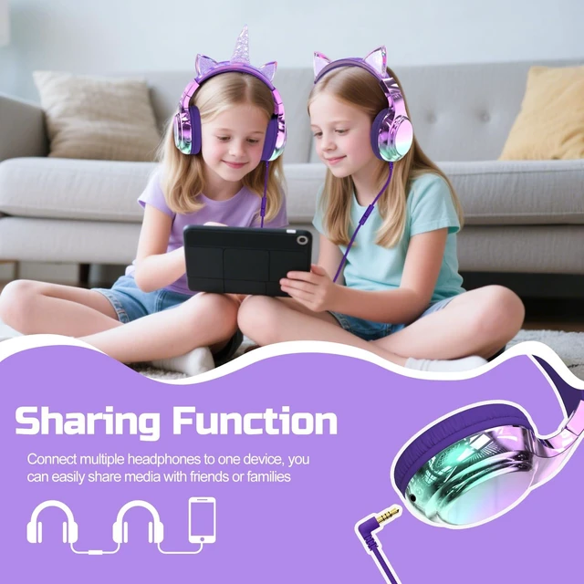 Alt view image 6 of 7 - Kids Unicorn Headphones with Cord with Mic, 85/94dB Volume Limit sparkly foldable headset, sharing port, tangle-free cord, Kids Wired Headphones for school, tablet, travel, boys and girls