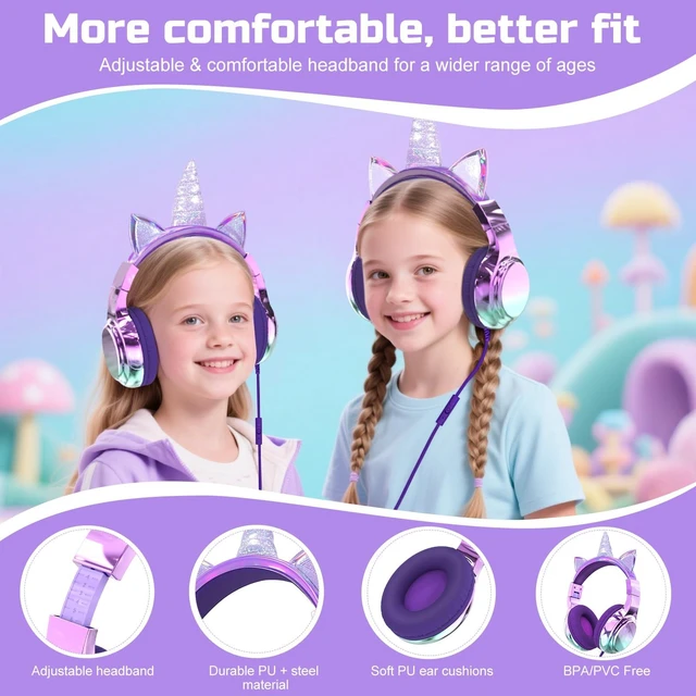Alt view image 7 of 7 - Kids Unicorn Headphones with Cord with Mic, 85/94dB Volume Limit sparkly foldable headset, sharing port, tangle-free cord, Kids Wired Headphones for school, tablet, travel, boys and girls