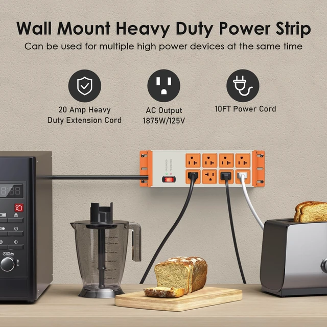 Alt view image 5 of 7 - Heavy Duty Surge Protector, 12 Gauge Extension Cord, Grey, 10 FT Metal Wall Mount 8 Outlets Power Strip, High Amp Outlet Extender for Garage Industrial Shop, 4800J