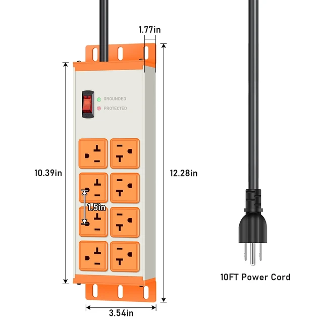 Alt view image 7 of 7 - Heavy Duty Surge Protector, 12 Gauge Extension Cord, Grey, 10 FT Metal Wall Mount 8 Outlets Power Strip, High Amp Outlet Extender for Garage Industrial Shop, 4800J