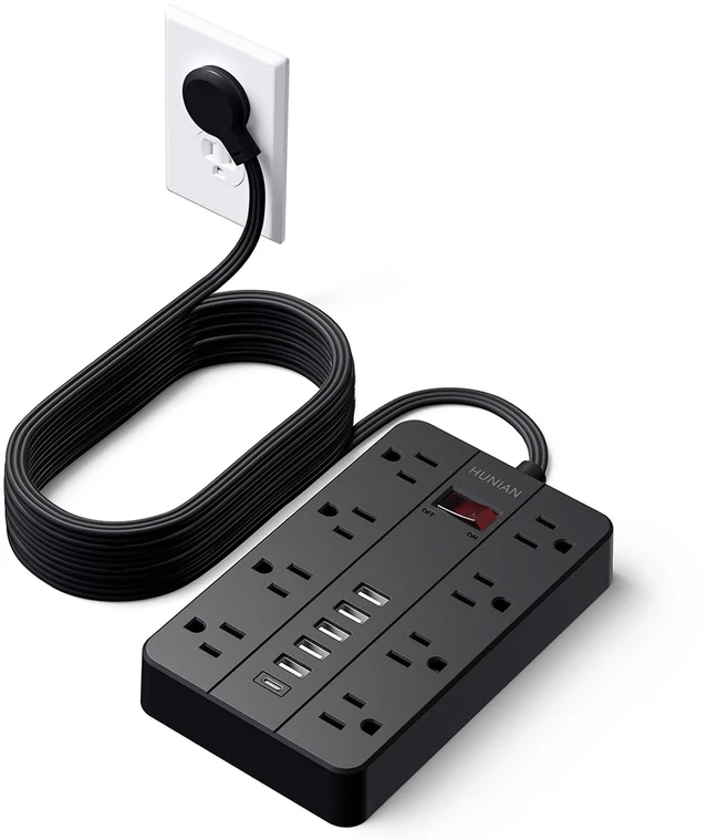 Main image of Power Strip, 15Ft Flat Plug Extension Cord with Multiple Outlets 8 Widely Spaced Outlets 6 USB (1 USB C Port), Wall Mount Charging Station for Home and Office, Black