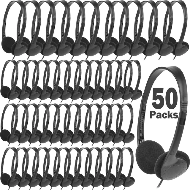Main image of 50 Pack Bulk Classroom Headphones for Kids School, Wholesale Wired Headphones with 3.5mm Jack for Children Chromebook Laptop PC Computer(LS04,50 Black)