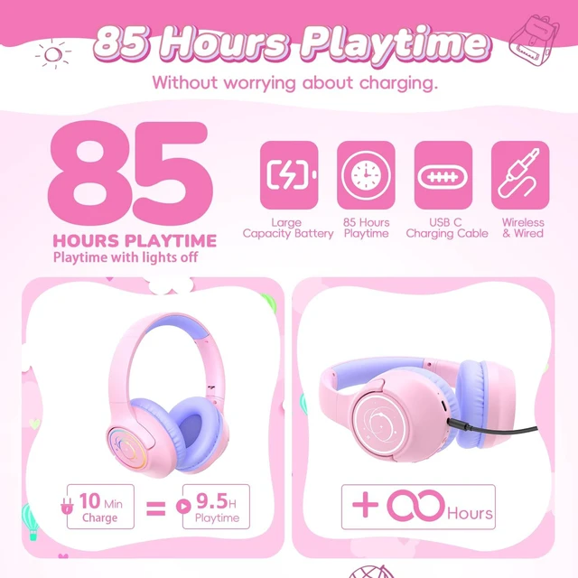 Alt view image 2 of 7 - Kids Bluetooth Headphones, 85H Playtime for Toddler Girls, Pink with LED Over Ear Wireless Headphones for Kids, 85/94dB Safe Volume Limit, Bluetooth 5.4 Built-in Mic for iPad Tablet Airplane Travel