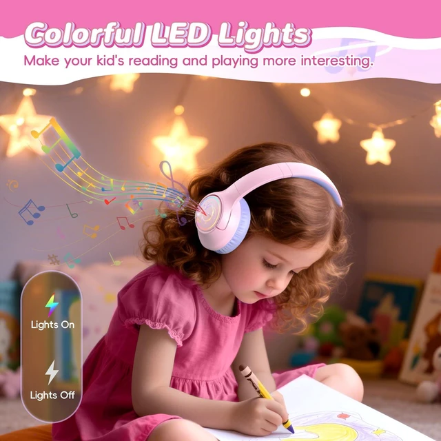 Alt view image 3 of 7 - Kids Bluetooth Headphones, 85H Playtime for Toddler Girls, Pink with LED Over Ear Wireless Headphones for Kids, 85/94dB Safe Volume Limit, Bluetooth 5.4 Built-in Mic for iPad Tablet Airplane Travel