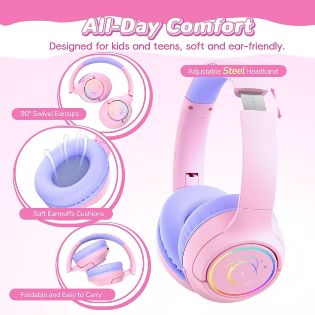 Alt view image 5 of 7 - Kids Bluetooth Headphones, 85H Playtime for Toddler Girls, Pink with LED Over Ear Wireless Headphones for Kids, 85/94dB Safe Volume Limit, Bluetooth 5.4 Built-in Mic for iPad Tablet Airplane Travel