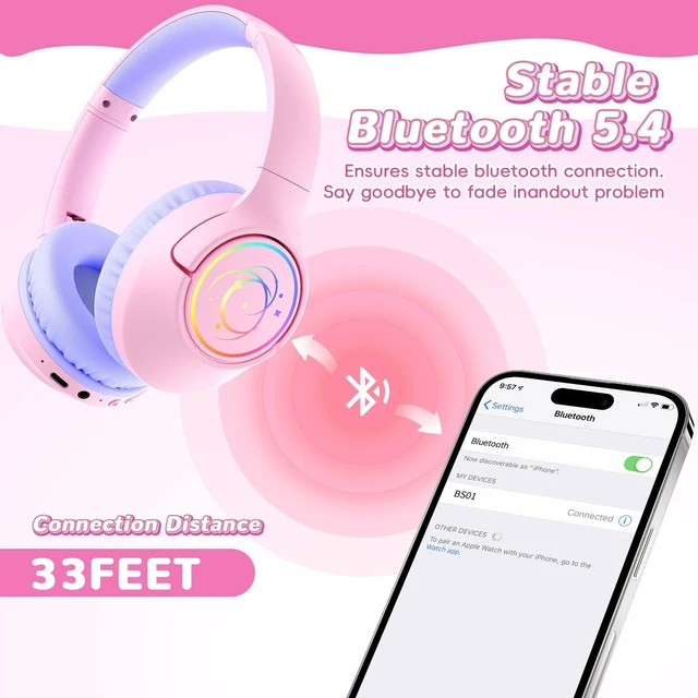 Alt view image 6 of 7 - Kids Bluetooth Headphones, 85H Playtime for Toddler Girls, Pink with LED Over Ear Wireless Headphones for Kids, 85/94dB Safe Volume Limit, Bluetooth 5.4 Built-in Mic for iPad Tablet Airplane Travel