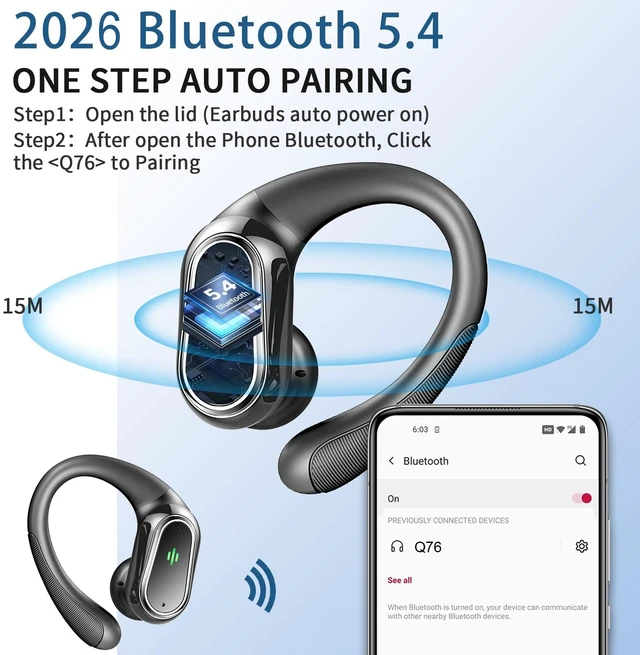 Alt view image 2 of 7 - Wireless Earbuds, 2026 Bluetooth 5.4 Headphones Sport, 60Hrs HiFi Stereo Deep Bass Over-Ear buds with ENC Noise Cancelling Mic, IP7 Waterproof & LED Display Earphones with Earhooks for Workout/Running