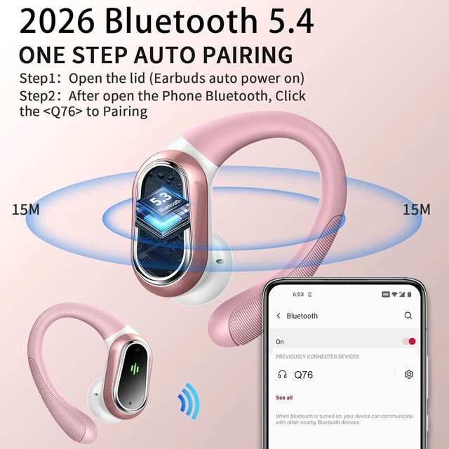 Main image of Wireless Earbuds, 2026 Bluetooth 5.4 Headphones, ENC Noise Canceling Mic 60Hrs+ Stereo Wireless Headphones, IP7 Waterproof Bluetooth Earbuds, Sport Earhooks, Dual LED Display, for Workout, Running