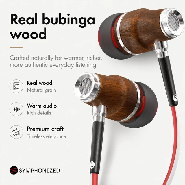 Alt view image 2 of 7 - Premium Wooden Wired Earbuds with Microphone (Aux 3.5mm Jack) Compatible with Laptop, PC / Dekstop, MP3 Player, Macbook, Car / In-Flight Audio, Game Controller, and other 3.5 mm devices