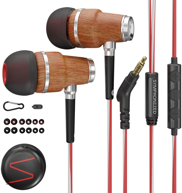 Main image of Premium Wooden Wired Earbuds with Microphone (Aux 3.5mm Jack) Compatible with Laptop, PC / Dekstop, MP3 Player, Macbook, Car / In-Flight Audio, Game Controller, and other 3.5 mm devices