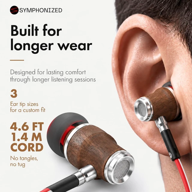 Alt view image 5 of 7 - Premium Wooden Wired Earbuds with Microphone (Aux 3.5mm Jack) Compatible with Laptop, PC / Dekstop, MP3 Player, Macbook, Car / In-Flight Audio, Game Controller, and other 3.5 mm devices