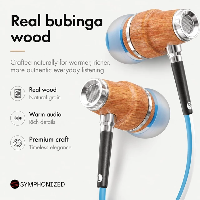 Alt view image 2 of 7 - Premium Wooden Wired Earbuds with Microphone (Aux 3.5mm Jack) Compatible with Laptop, PC / Dekstop, MP3 Player, Macbook, Car / In-Flight Audio, Game Controller, and other 3.5 mm devices