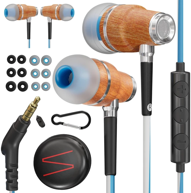 Main image of Premium Wooden Wired Earbuds with Microphone (Aux 3.5mm Jack) Compatible with Laptop, PC / Dekstop, MP3 Player, Macbook, Car / In-Flight Audio, Game Controller, and other 3.5 mm devices