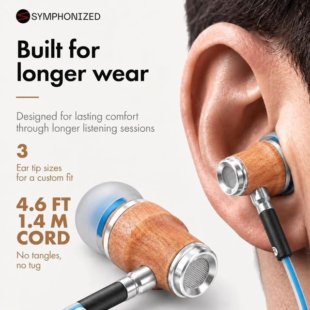 Alt view image 5 of 7 - Premium Wooden Wired Earbuds with Microphone (Aux 3.5mm Jack) Compatible with Laptop, PC / Dekstop, MP3 Player, Macbook, Car / In-Flight Audio, Game Controller, and other 3.5 mm devices