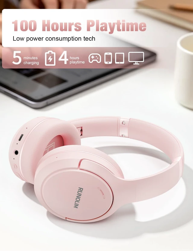 Alt view image 4 of 7 - Active Noise Cancelling Headphones, Wireless Bluetooth Over Ear 100H Playtime, Transparency Mode, Deep Bass Hi-Fi Stereo, Built-in Mic, Lightweight Comfort for Travel, Office and Home