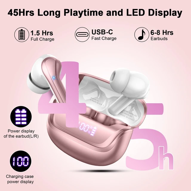 Alt view image 3 of 7 - Wireless Earbuds, Bluetooth 5.4 Headphones, 50H Playtime in Ear Earphones with 4 ENC Noise Cancelling Mics, IP7 Waterproof in Ear Earphones, LED Display Fast Charging Case, HiFi Stereo Deep Bass