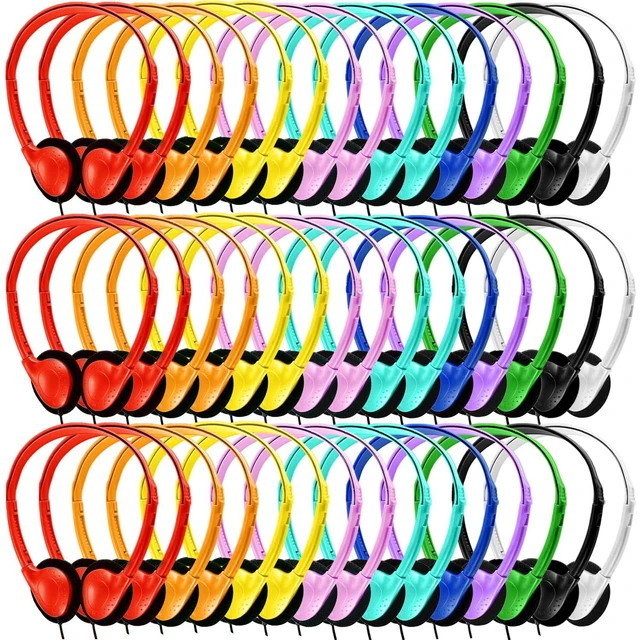 Main image of Bulk Headphones 50 Pack for Kids School Classroom,Wholesale Wired Adjustable On Ear Earphones Class Set for Students Children Toddler Teens Boys Girls and Adult (GS857, 50 Mixed)