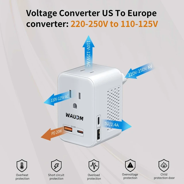 Alt view image 7 of 7 - 220 V to 110 V Voltage Converter, 20 W PD, Reduces 220 V to 120 V, U.S. to Europe Travel Converter for Over 80 Countries, Including Most European Countries, France, Germany, Italy and Australia