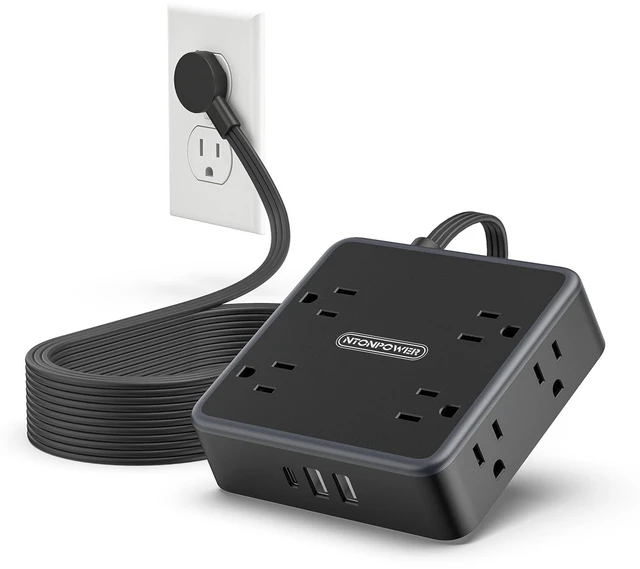 Main image of Flat Extension Cord 25 FT in Black with 8 Widely Outlets 3 USB Ports (1 USB C), Long Power Strip, Wall Mountable, Flat Plug Desk Charging Station Dorm Room Essentials
