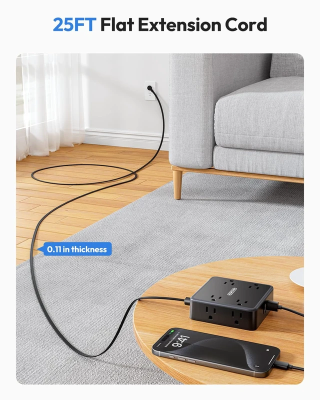 Alt view image 2 of 6 - Flat Extension Cord 25 FT in Black with 8 Widely Outlets 3 USB Ports (1 USB C), Long Power Strip, Wall Mountable, Flat Plug Desk Charging Station Dorm Room Essentials