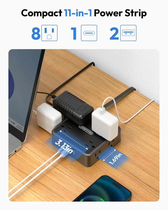 Alt view image 3 of 6 - Flat Extension Cord 25 FT in Black with 8 Widely Outlets 3 USB Ports (1 USB C), Long Power Strip, Wall Mountable, Flat Plug Desk Charging Station Dorm Room Essentials