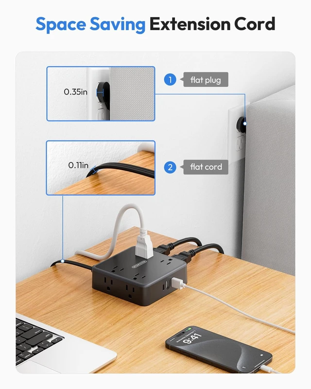 Alt view image 4 of 6 - Flat Extension Cord 25 FT in Black with 8 Widely Outlets 3 USB Ports (1 USB C), Long Power Strip, Wall Mountable, Flat Plug Desk Charging Station Dorm Room Essentials