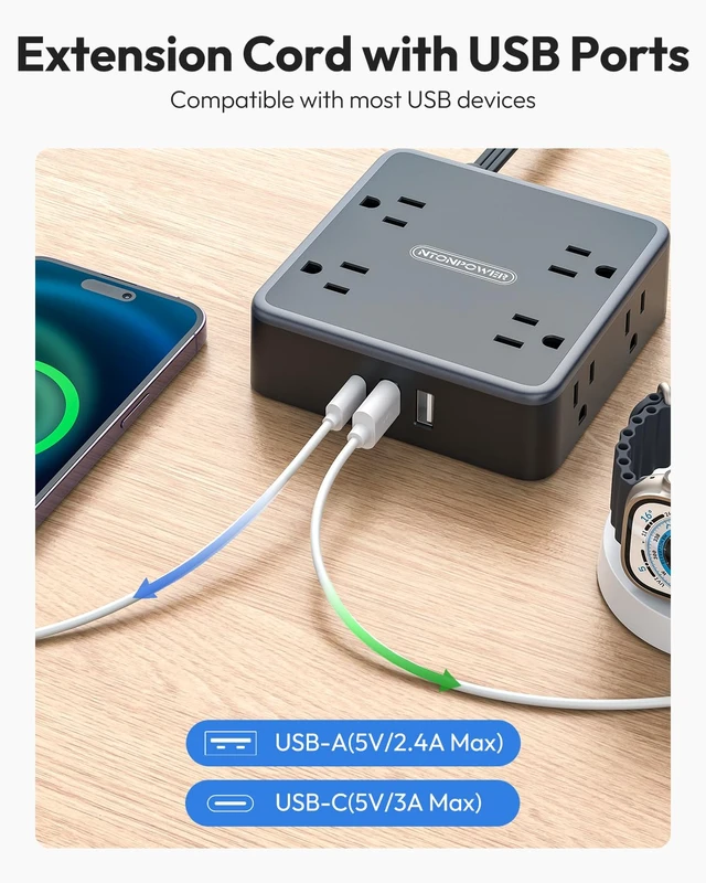 Alt view image 6 of 6 - Flat Extension Cord 25 FT in Black with 8 Widely Outlets 3 USB Ports (1 USB C), Long Power Strip, Wall Mountable, Flat Plug Desk Charging Station Dorm Room Essentials