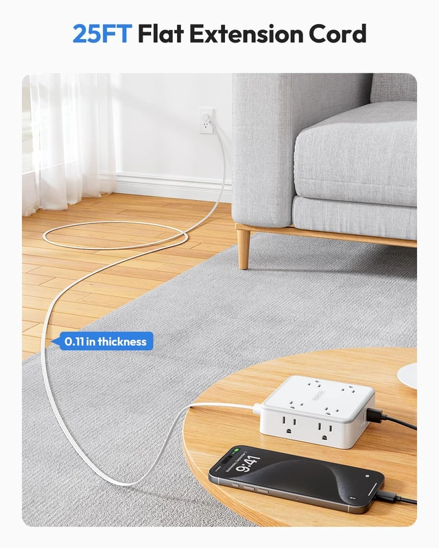 Alt view image 2 of 7 - Extension Cord 25 FT, Flat Plug with 8 Widely Outlets 3 USB Ports (1 USB C), Wall Mountable, Long Power Strip, Desk Charging Station Dorm Room Essentials