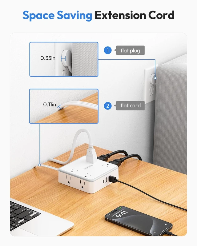 Alt view image 5 of 7 - Extension Cord 25 FT, Flat Plug with 8 Widely Outlets 3 USB Ports (1 USB C), Wall Mountable, Long Power Strip, Desk Charging Station Dorm Room Essentials