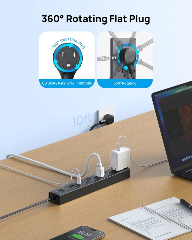 Alt view image 2 of 7 - 360 Rotating Plug Power Strip, Flat Plug Power Strip with 4 USB Ports 5 Widely Spaced Outlets, 1440J Surge Protector, Wall Mountable, Flat Extension Cord 10ft for Home Office Dorm, Black