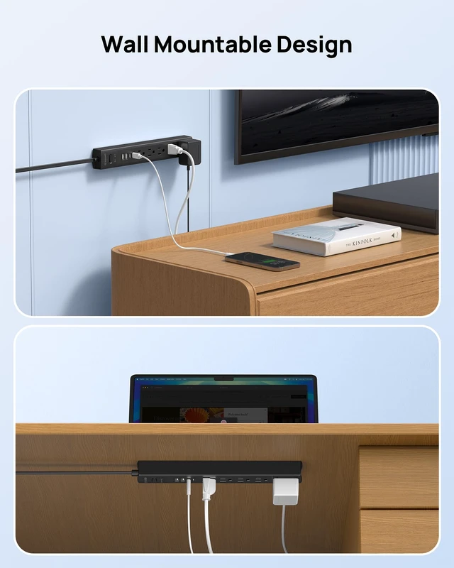 Alt view image 6 of 7 - 360° Rotating Flat Plug Surge Protector Power Strip, Black 2 USB C and 2 USB A, 5 Widely Spaced Outlets, 1440J Surge Protection, Wall Mountable, Extension Cord 6ft for Home Office Dorm