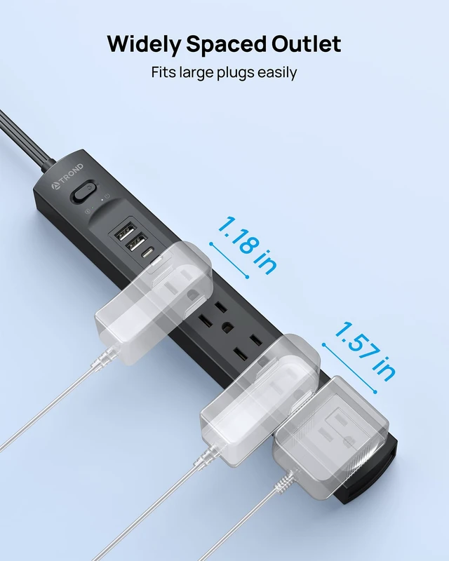 Alt view image 7 of 7 - 360° Rotating Flat Plug Surge Protector Power Strip, Black 2 USB C and 2 USB A, 5 Widely Spaced Outlets, 1440J Surge Protection, Wall Mountable, Extension Cord 6ft for Home Office Dorm